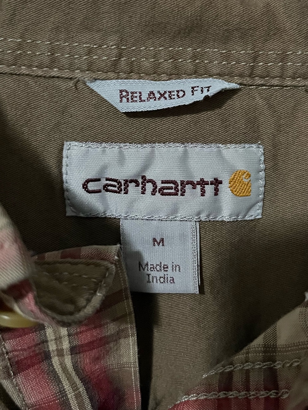 Medium Carhartt Men’s Red Tan Brown Plaid Button-Down Shirt - Picture 3 of 5